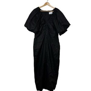 JOSLIN 100% Linen Puff Sleeve Gather Waist Button Front V-Neck Maxi Dress black